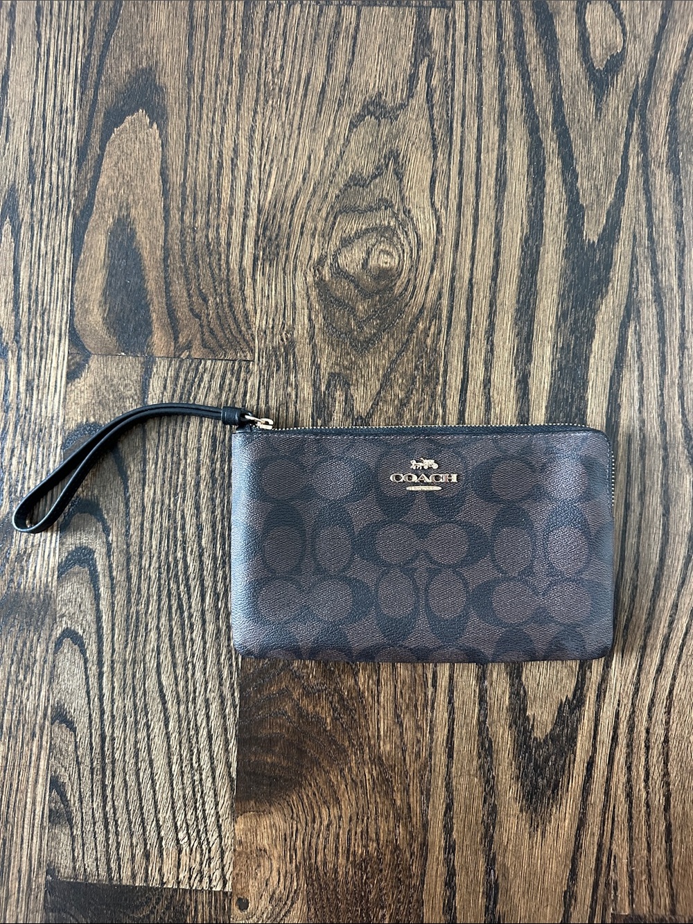 Coach Brown Signature Leather Wristlet with Gold Logo